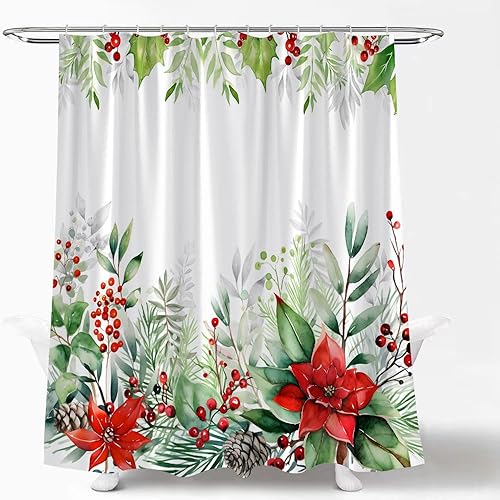 Miniatura 3 de Cortina de ducha de flores de Navidad, flor de pascua, bayas de acebo, acuarela, hojas de eucalipto verde, naturaleza, feliz año nuevo, invierno,