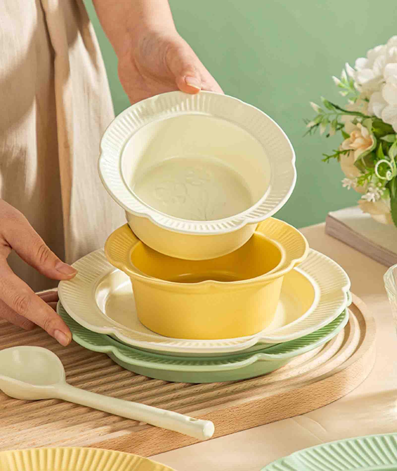 Ceramiczna miska do makaronu, Ceramiczna miska na makaron instant, zestaw misek płatki zbożowe, śniadanie 800 ml, zupa, ryż w kuchence mikrofalowej(Green)