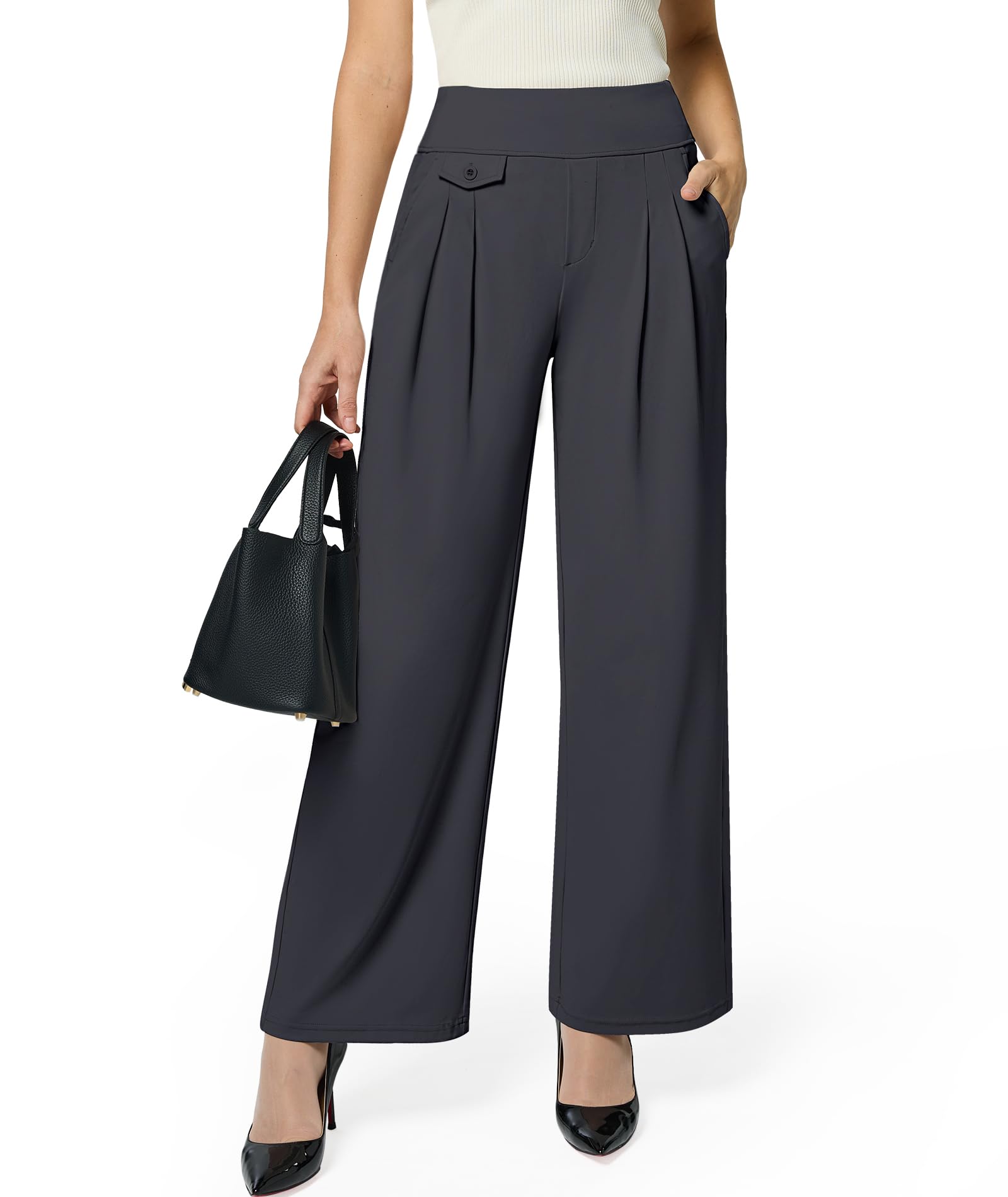 Womens Wide Leg Dress Pants Yoga Work Pants Pull On High Waist Stretch Business Casual Slacks with Pockets