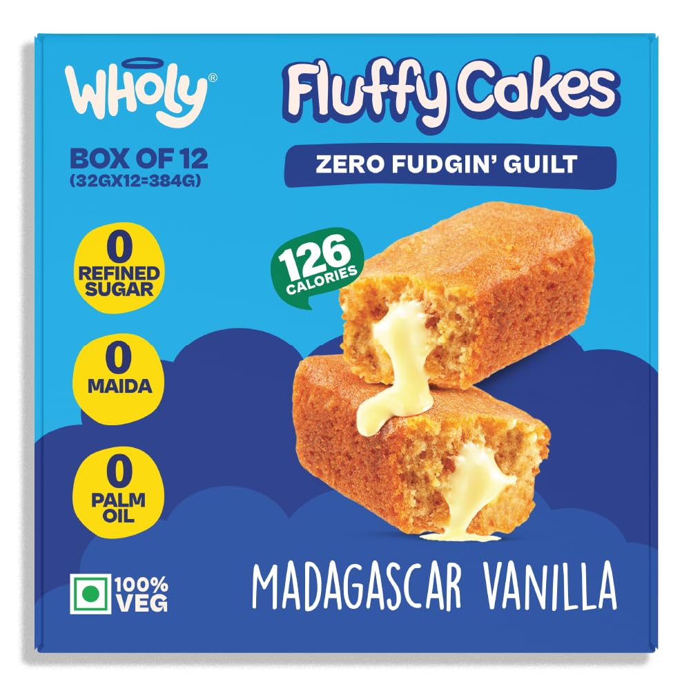 Wholy Madagascar Vanilla Center Filled Eggless Cake | Baked with Jaggery | Real Vanilla Extract | No Maida | No Palm Oil | No Preservatives | High Fiber | Low Cal | Wholegrain | Moist Soft Snack Cake - 32g (Pack Of 12)