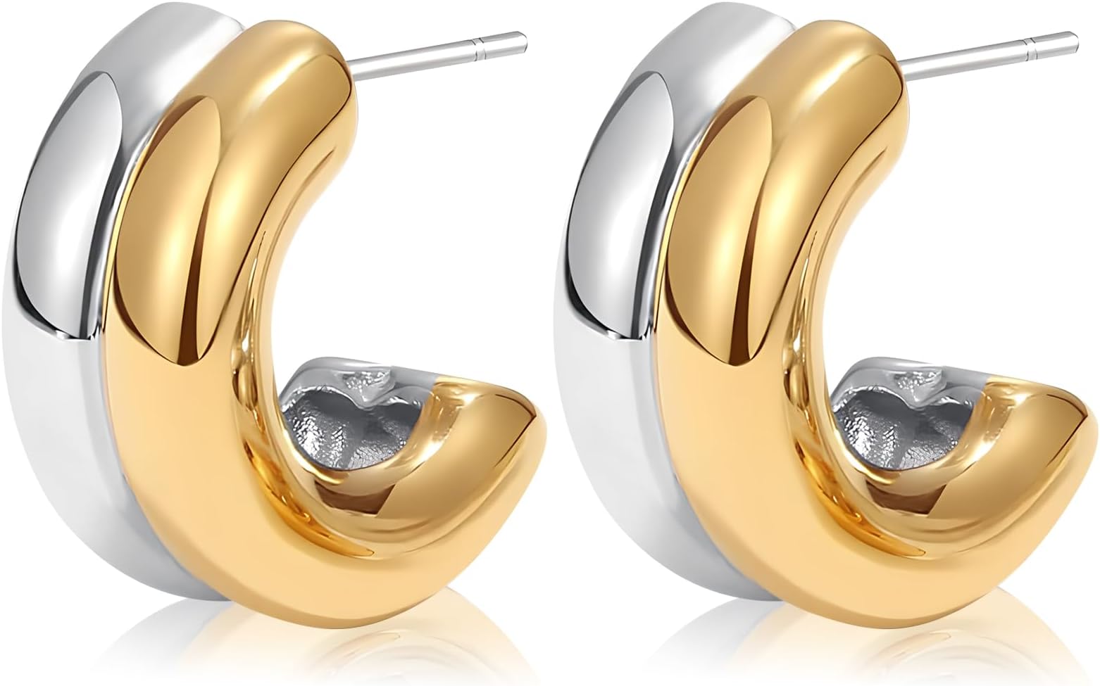 Two Tone Stud Earrings- Gold and Silver C Shaped Hoop Earrings for Women, Mixed Metals Huggie Earring for Nickel-Free, Trendy & Elegant
