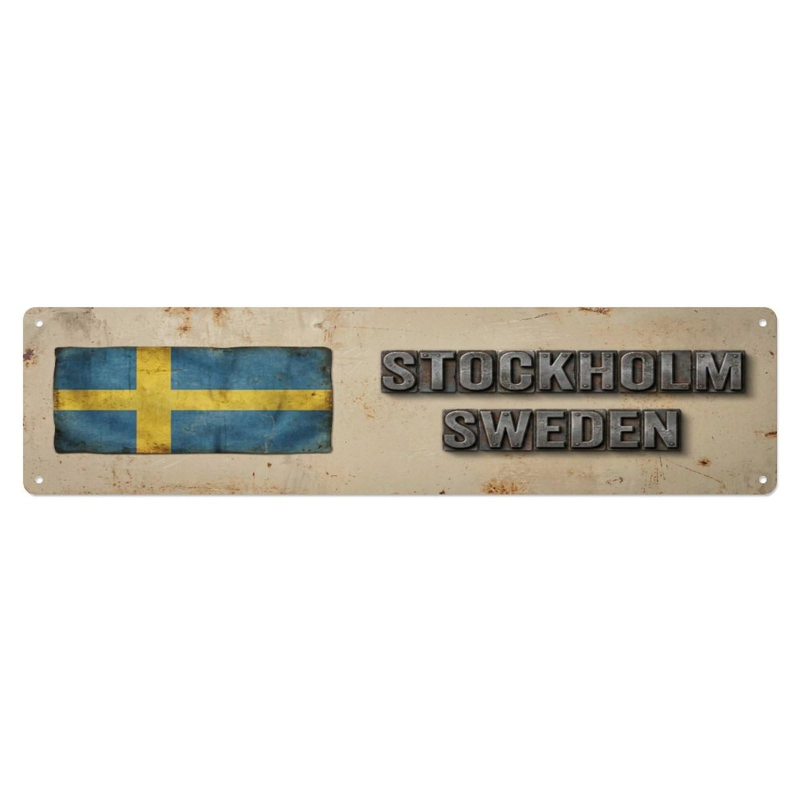Metal Tin Sign Vintage Stockholm Sweden Flag Decor Rustic Travel