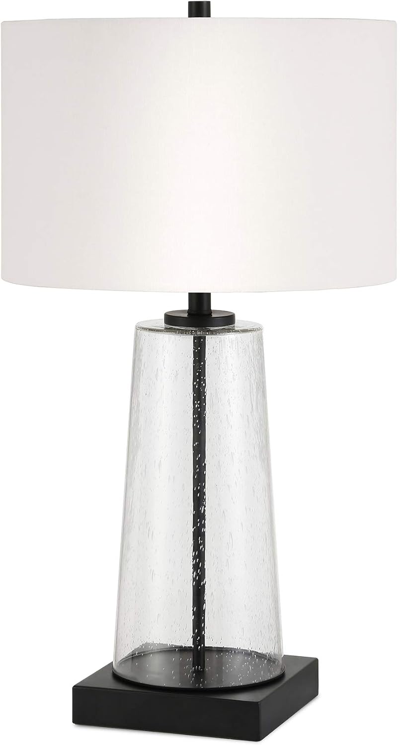 Dax 27.5" Tall Table Lamp with Fabric Shade in Seeded Glass/Blackened Bronze/White