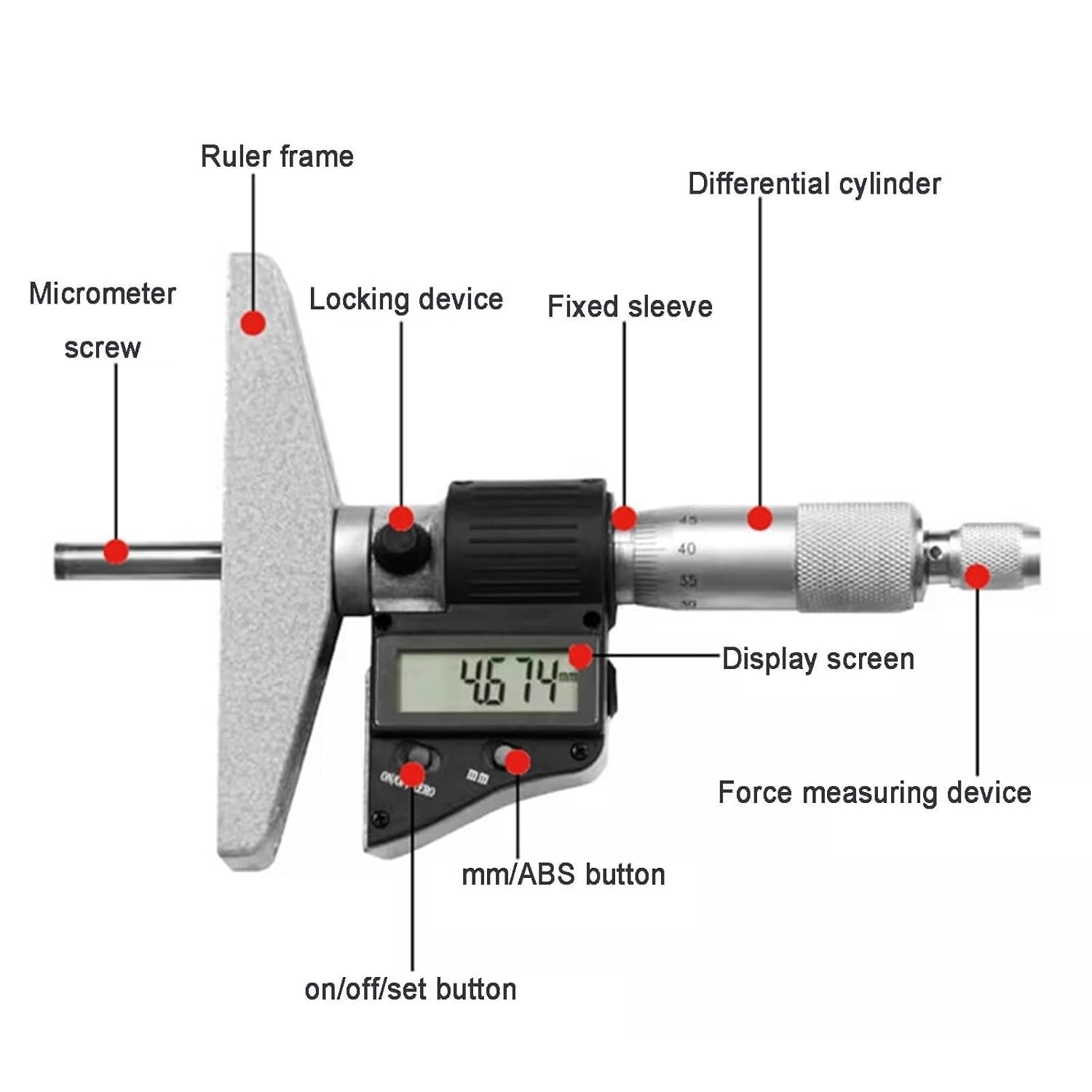 Micromètre numérique de profondeur 0-25 mm Jauge de profondeur électronique Résolution 0,001 mm Écran LCD Dispositif de verrouillage à cliquet Outil de mesure en acier inoxydable pour trou de rainure
