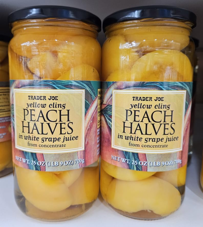 Trader Joe Yellow Cling Peach Halves in white grape juice from concentrate 25oz 700g (Two Bottles)