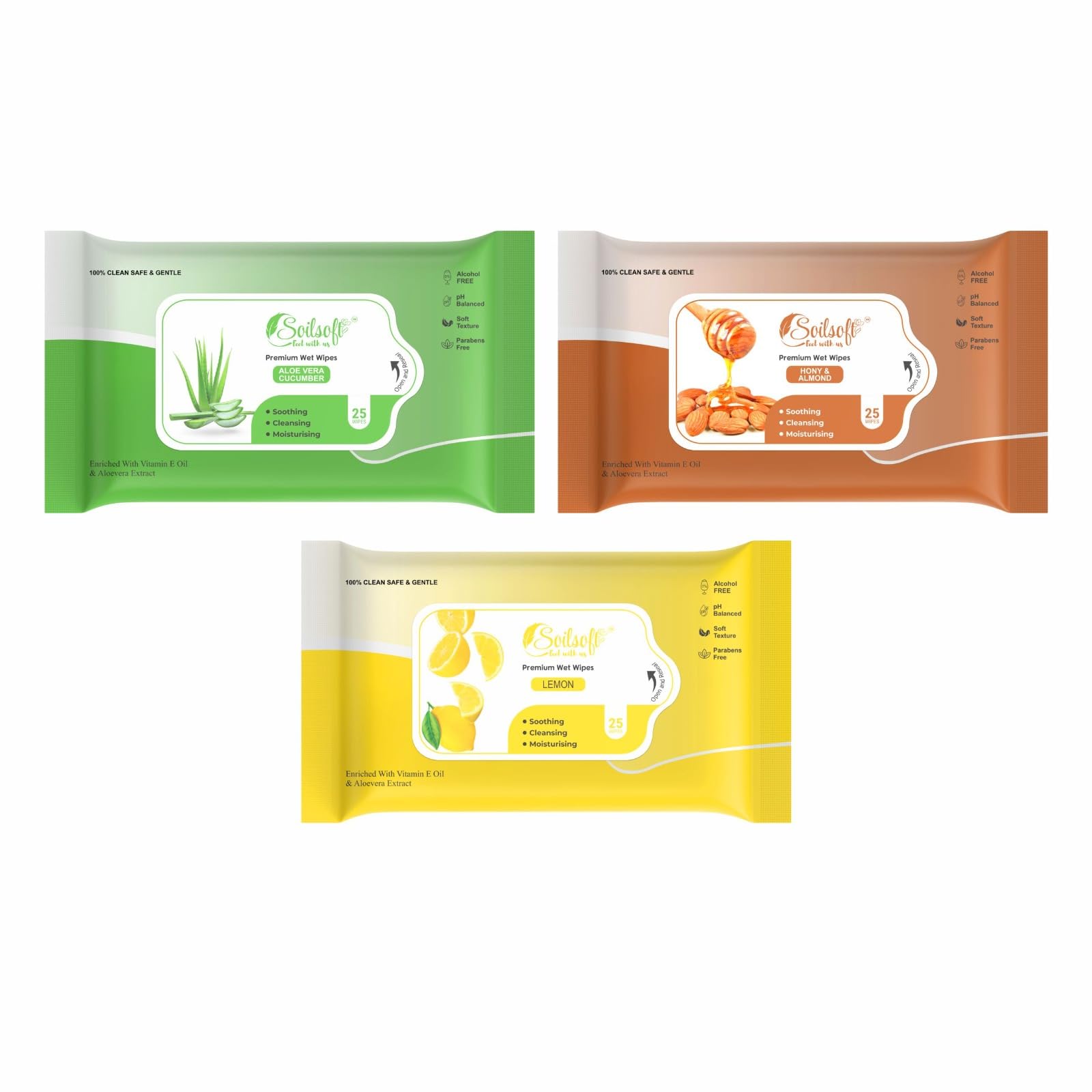 Soilsoft Fresh Lime Wet Wipes 25 Sheets | Alcohol Free Face & Hand Cleansing Wipes | pH Balanced Refreshing Moist Wipes | Travel Size Gentle Skin Care Resealable Pack (AL + H&A + LEM)-image-1
