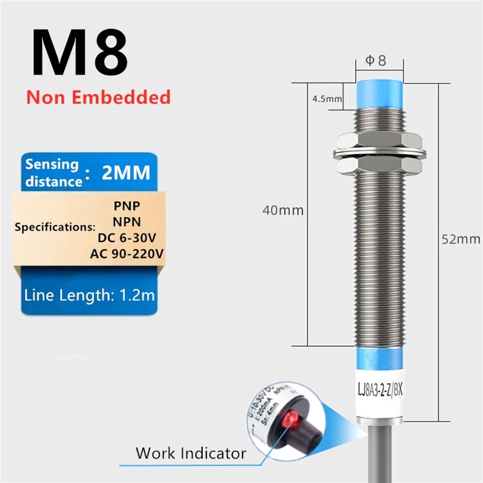 Lot De 3 Interrupteurs De Proximité Inductifs M8 LJ8A3-2-Z/BX - Détection 2mm - 12-24VDC 200mA NPN - 3 Fils Non Blindés