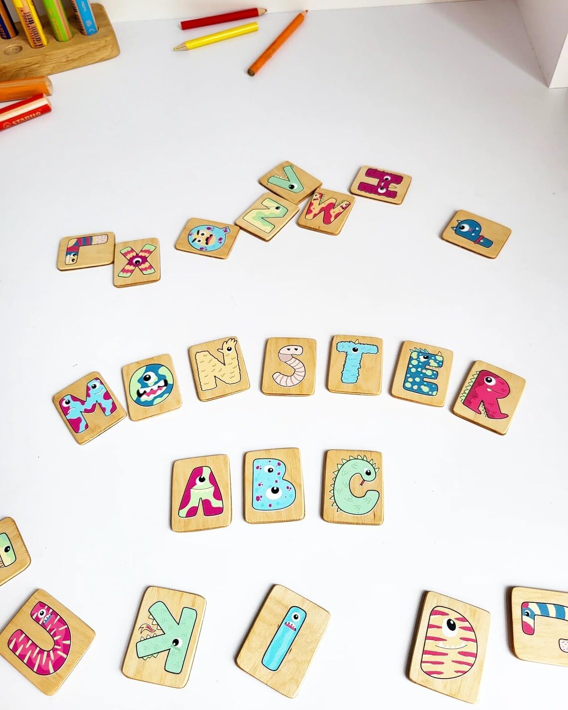 English Letters Flash Cards with Monsters+ Holder Uppercase Letters Cards Montessori Preschool Homeschool Birthday Gift for Kids Classroom (Cards with Holder)