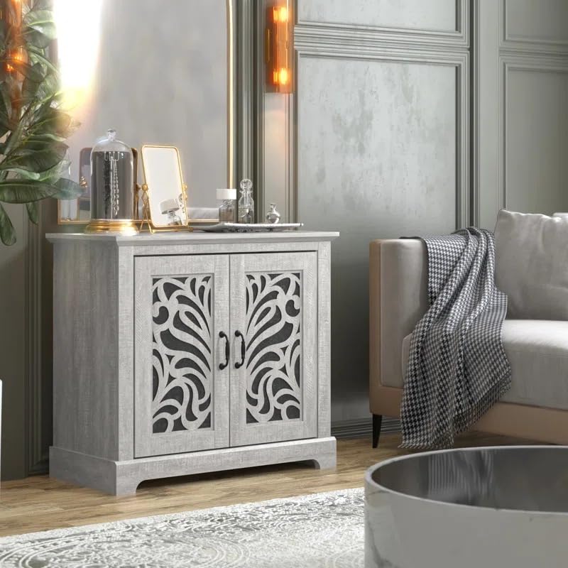 Image of Handicraft Accent Cabinet for Living Room, Mango Wood & Engineered Wood Storage Cabinet, Carved Design, Multiple Styles, 30 x 15 x 30 inches (HOB-Design-5)