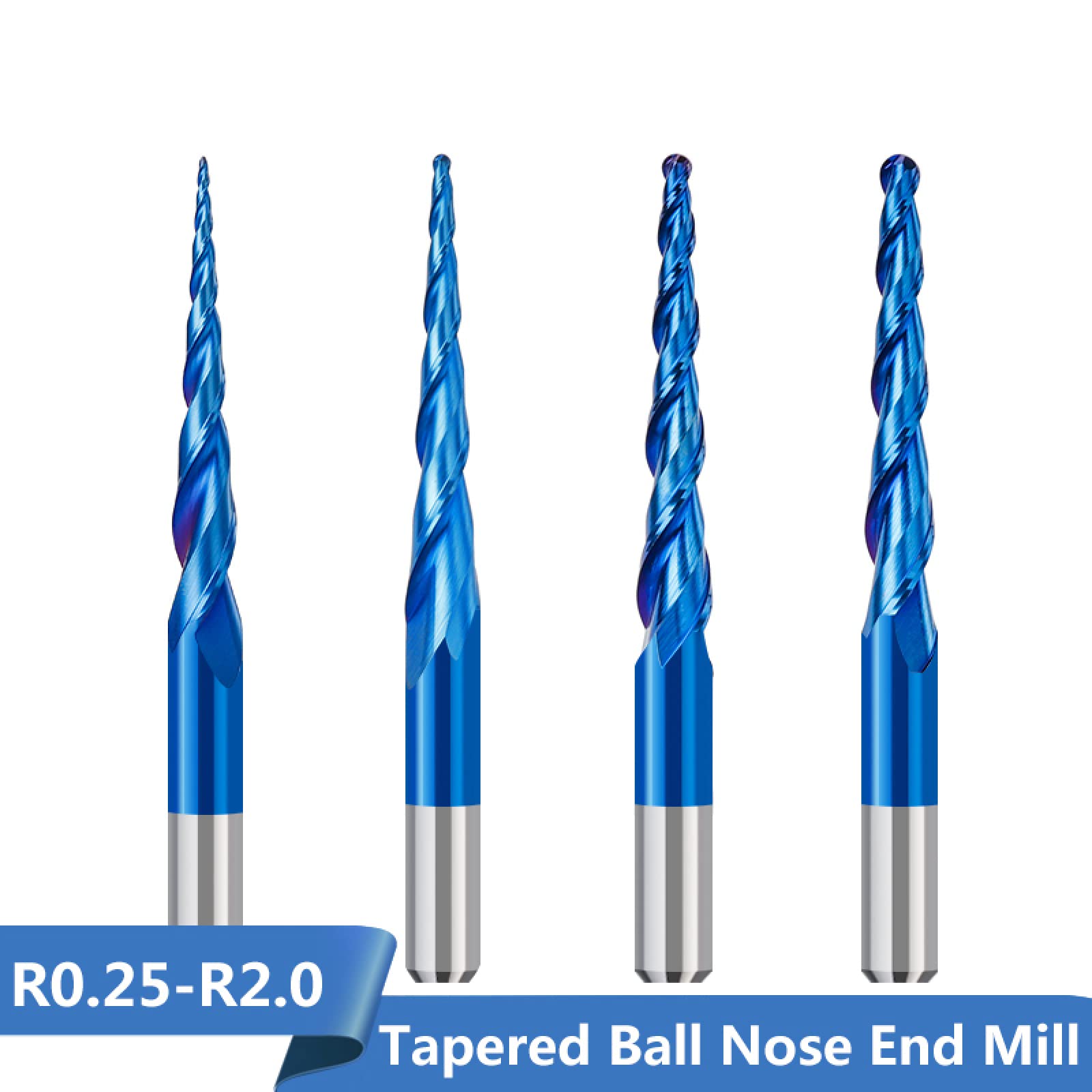 1 Pc Fraises Coniques À Nez Sphérique R0.25-R2.0 Carbure Monobloc CNC Routeur Mord HRC65 Nano Revêtement Bleu Métal Gravure Sur Bois Peu,R1.0x47xD8x85L