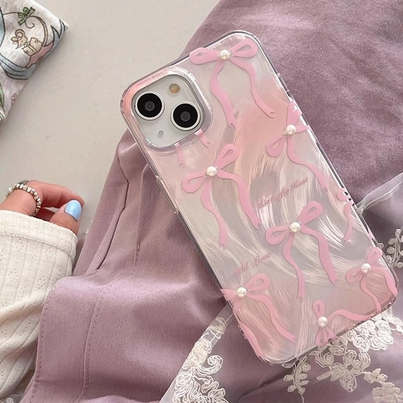 Image of COVERLY Luxury Bow & Pearl Aesthetic Designer Back Cover for iPhone 12 Pro - Slim Shockproof Soft TPU Case with Handcrafted Real Pearl Accents & Coquette Ribbon Art (Blush Pink & Pearlescent White)