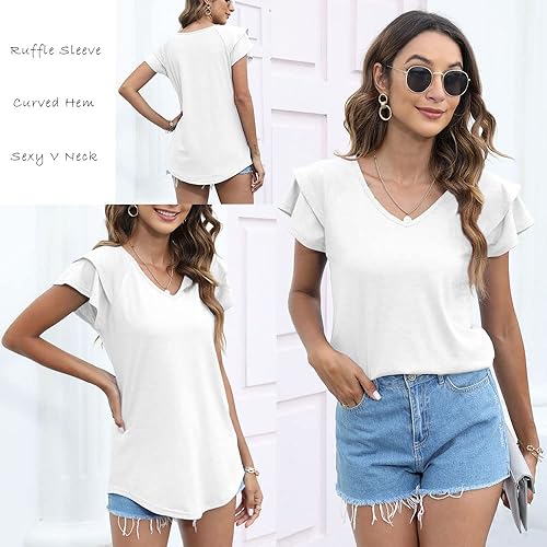 Miniatura 4 de T&Twenties Camisetas de verano para mujer, manga corta, con volantes, cuello en V, holgadas, holgadas