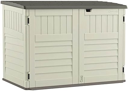 Suncast 5.9 ft. x 3.7 ft Horizontal Stow-Away Storage Shed - Natural Wood-like Outdoor Storage for Trash Cans and Yard Tools - All-Weather Resin, Hinged Lid, Reinforced Floor - Vanilla and Stoney