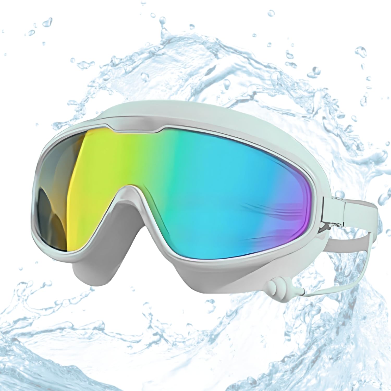 Swimming Goggles Wide Vision Reflective UV Protection Polarized Glasses with Connected Ear Plugs (Wide Frame Reflective White)-image-42