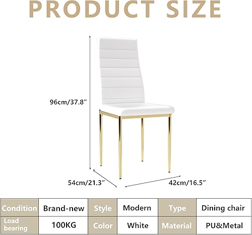 Miniatura 5 de Juego de 4 sillas de comedor blancas, cromadas doradas, modernas, suaves, acolchadas, con respaldo alto, para comedor, cocina (4, color blanco con