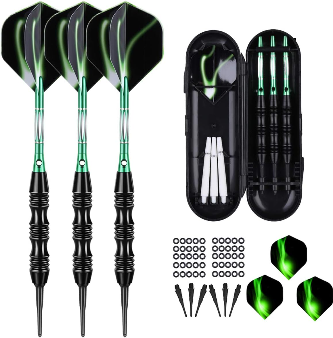 Professional Soft Tip Darts Set 20 Grams - 50 Rubber O-Rings + 30 Darts Plastic Tip + Aluminum Shafts + 6 Standard Flights + Portable Case for Electronic Dart Board