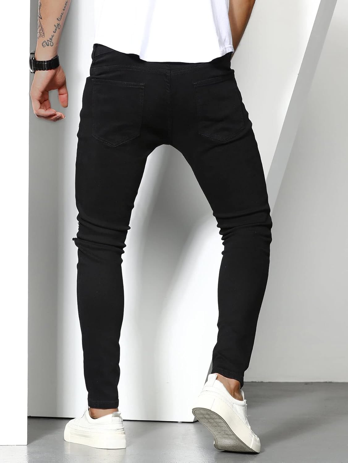 WDIRARA Men's High Waisted Ripped Skinny Jeans Long Denim Pants with Pocket - Image 2