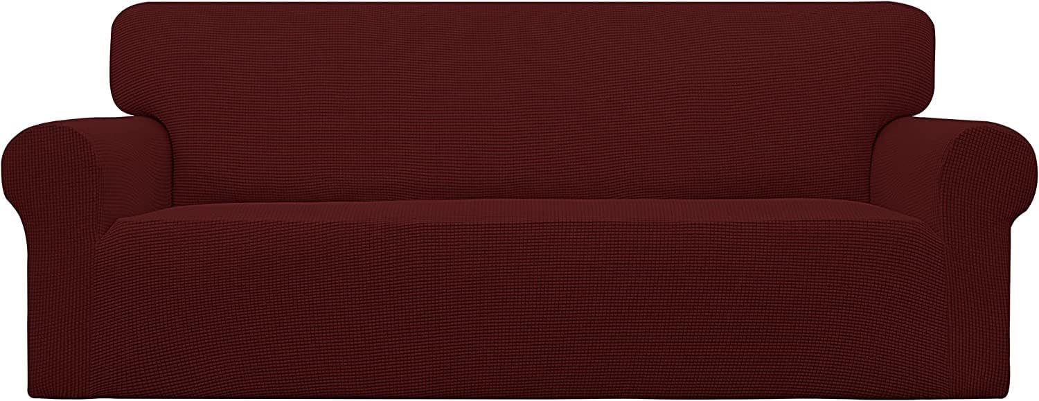 Stretch Sofa Slipcover 1-Piece Sofa Cover Furniture Protector Couch Soft with Elastic Bottom for Kids Pets, Polyester Spandex Jacquard Fabric Small Checks (Three Seats, Wine)