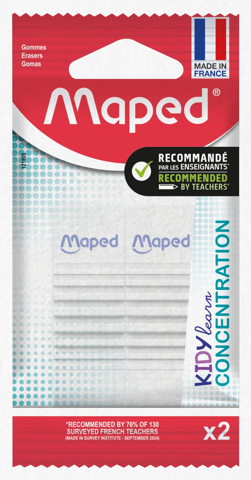 Maped - Kidy Learn Concentration Erasers Pack of 2 - Textured Surface - Sensory Stimulation - 2 in 1 Fidget and Eraser - Effective School Eraser - Recyclable Paper Packaging