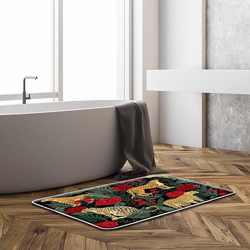 Miniatura 2 de LAEDCIITI Tapete de baño con diseño de leopardo y rosa, diseño de hojas de palmera tropical, cactus y vida silvestre, alfombra de baño para suelo de