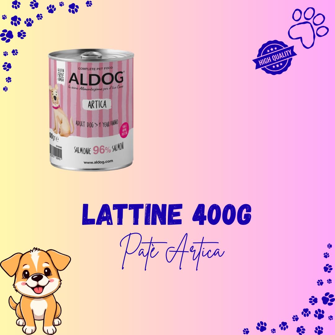 Cane Aldog Lattine di Umido per Cani, alimento per cani adulti di tutte le taglie e razze, N. PATE ALDOG ARTICA gusto SALMONE, 6 lattine da 400gr, 6x400gr.