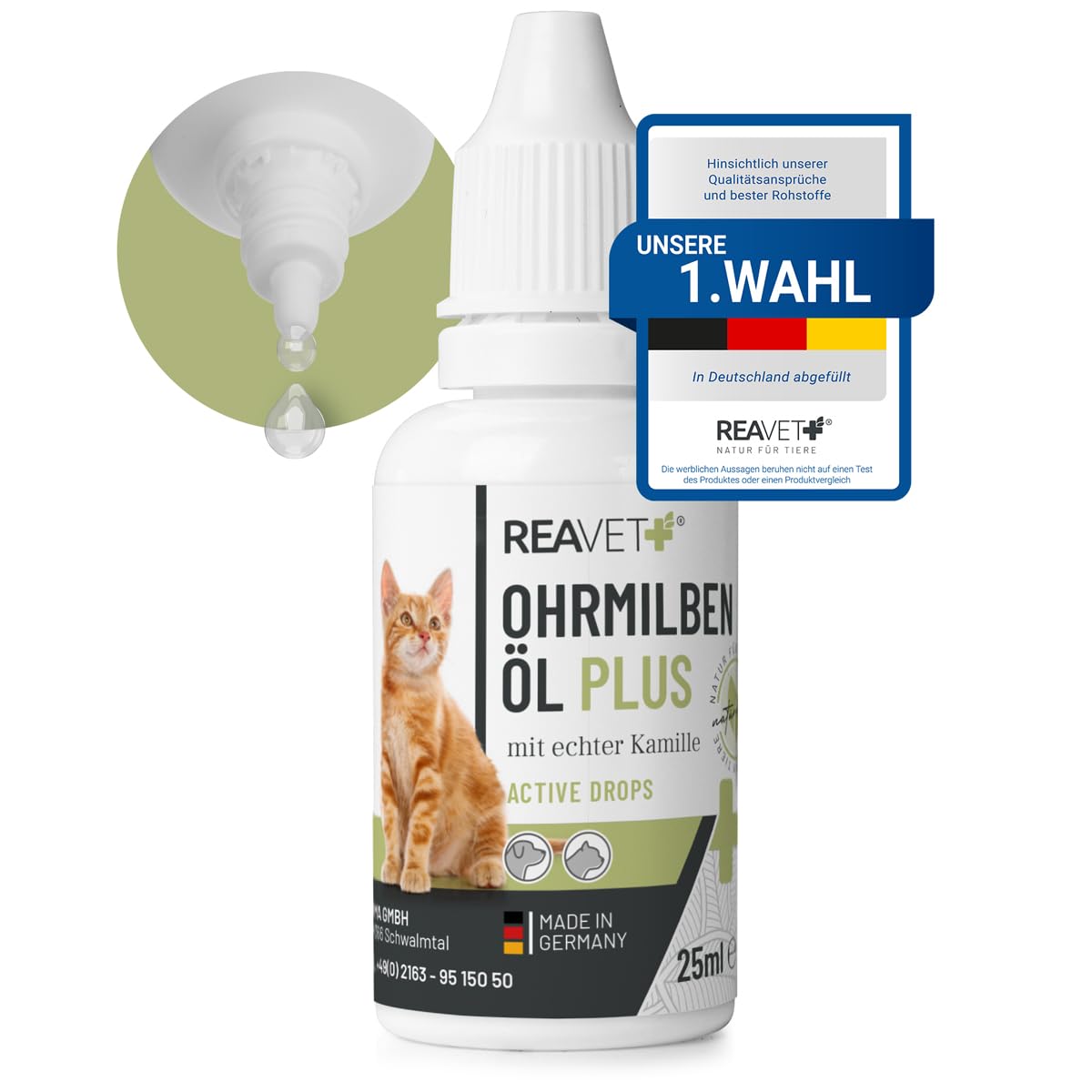 ReaVET Aceite de ácaros del oído Plus 25 ml para gatos de inmediato – contra los ácaros del oído con manzanilla para gatos, cuidado suave en caso de picazón en el oído, gotas para los oídos, ácaros,