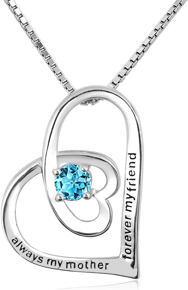 CLY Jewelry 925 Sterling Silver Birthstone Engraved Crystal Heart Pendant Necklace for Sister Mom