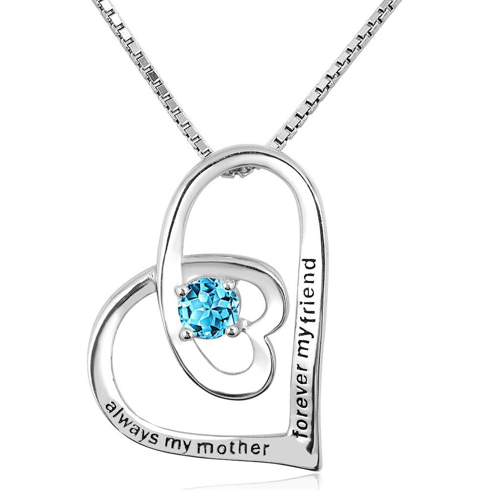CLY Jewelry 925 Sterling Silver Birthstone Engraved Crystal Heart Pendant Necklace for Sister Mom