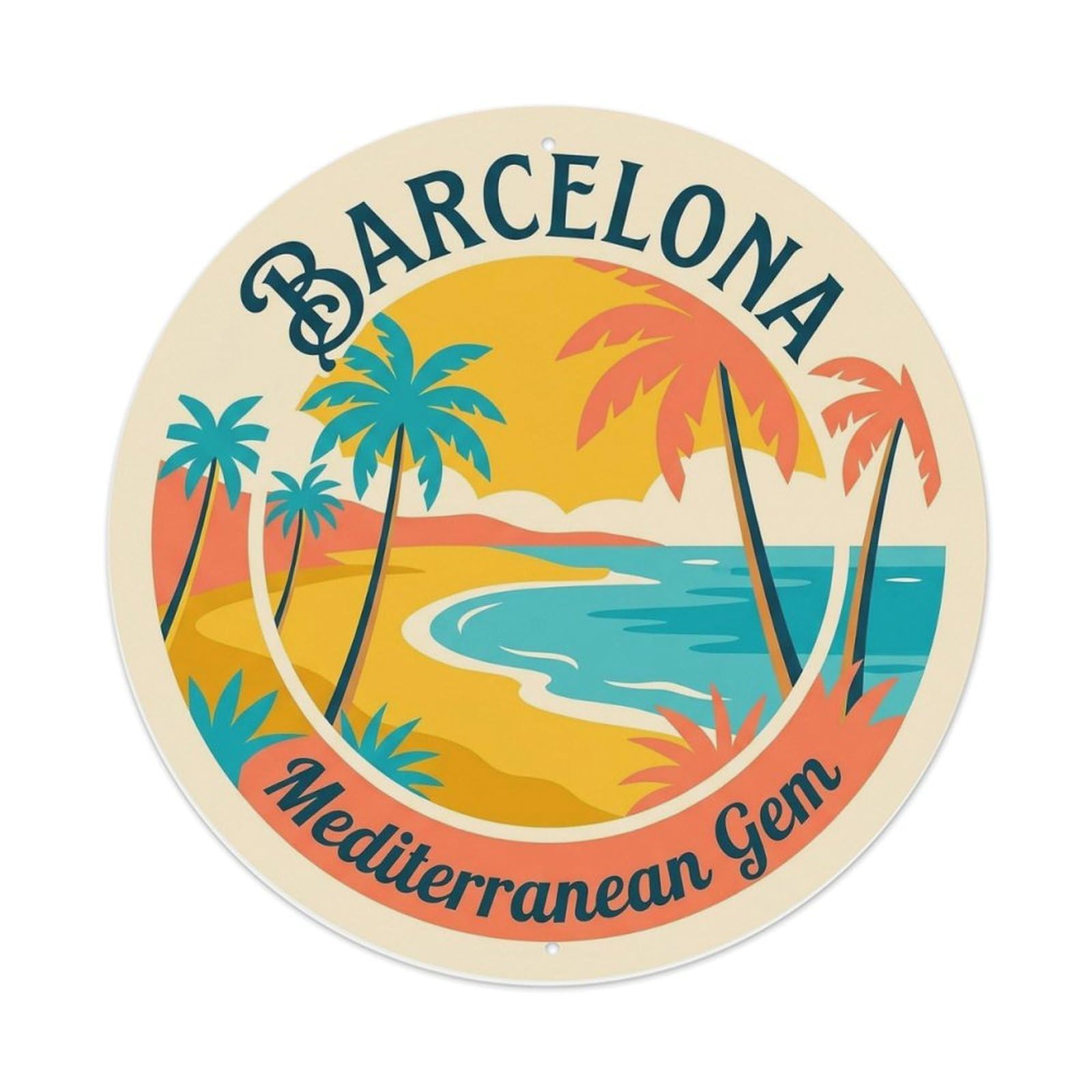Catalan Barcelona Barceloneta Beach Mediterranean Journey Vintage Metal Tin Sign Plaque Wall Decor for Cafe, Man Cave, Club Bar, Office, Home Garden Round Metal Poster 8x8Inch