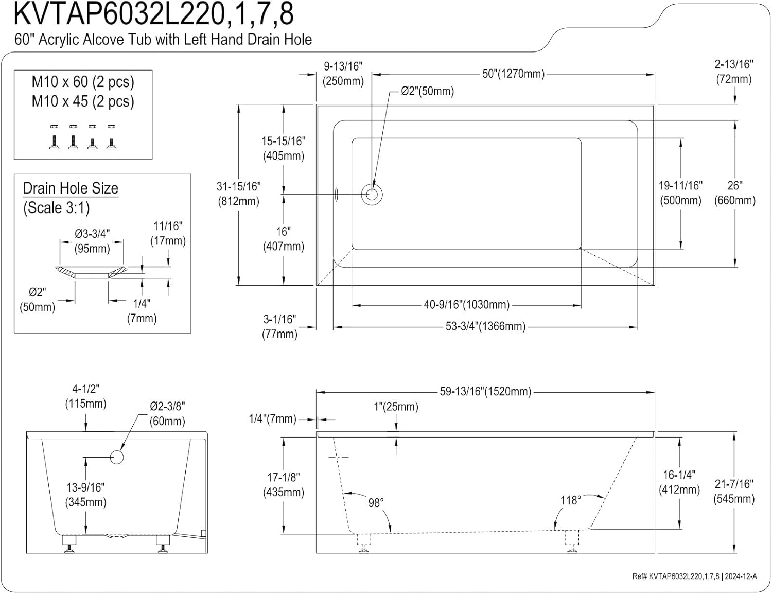 Kingston Brass KVTAP6032L227 60" Acrylic Rectangular 3-Wall Alcove Tub with Tub Door, Left Hand Drain, White/Brushed Brass