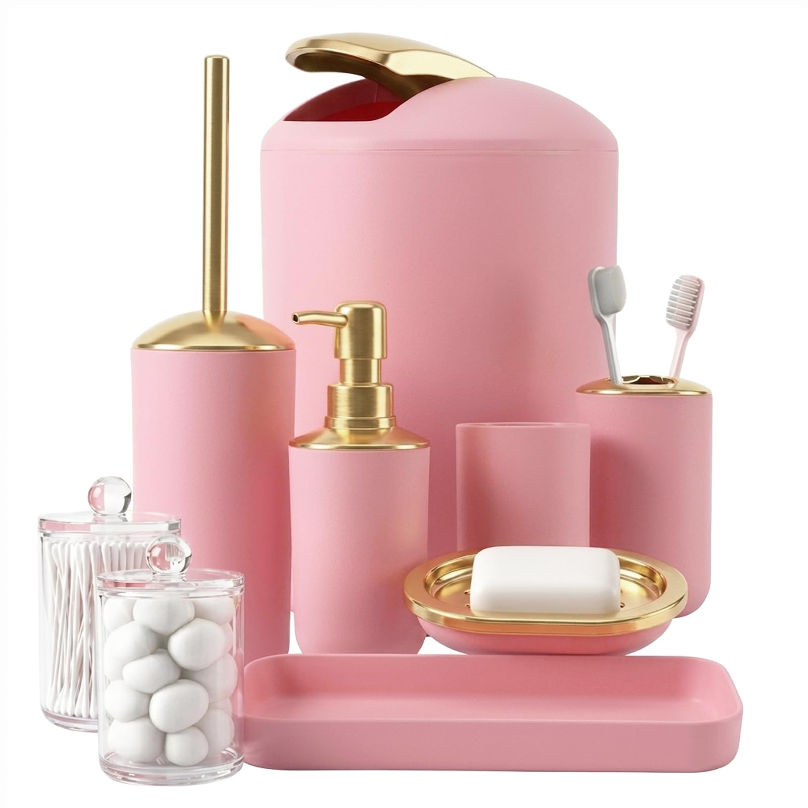 Bad-Zubehör-Set - Luxus Rosa Badezimmer Set, Mülleimer, Toilettenbürste mit Halter, Seifenspender, Zahnbürsten- und Zahnpastenhalter, Becherbecher, Seifenschale, QTIP-Halter, Tablett