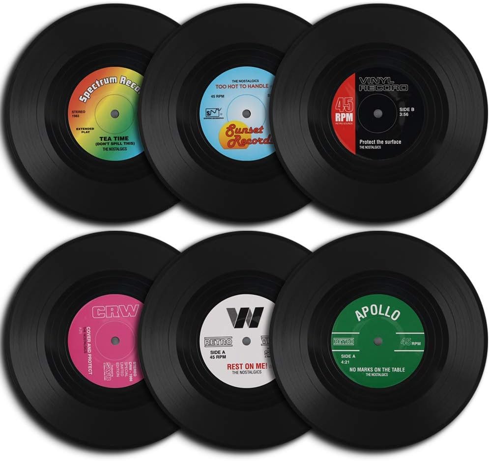 KASTWAVE Vinyl Record Coasters 6 Pcs Retro Style Vinyl Coasters Drinks Colorful Retro Decoration for Home Office Bar Funny House Warming Gift for Music Lovers Set