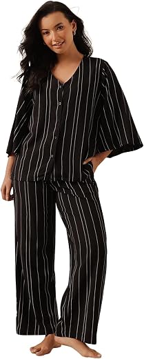 Clovia Women's Rayon Stripe Printed Button Top & Pajama Set