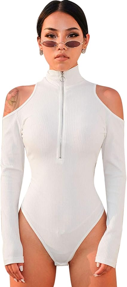 LQG Women's High Neck Bodysuits, Long Sleeve Strapless Jumpsuit Bottoming  Top Bodysuit, White, S : Amazon.de: Fashion