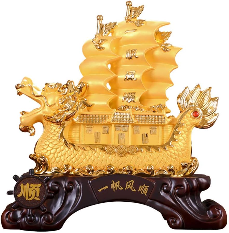 Feng Shui Decor, Golden Sailing Ship Sculptures Chinese OrientalLucky Fortune Wealth Wealth and Prosperity Best Decoration for Office Or Home,Gold_25x11.5x25.5cm/10x4.5x10inch