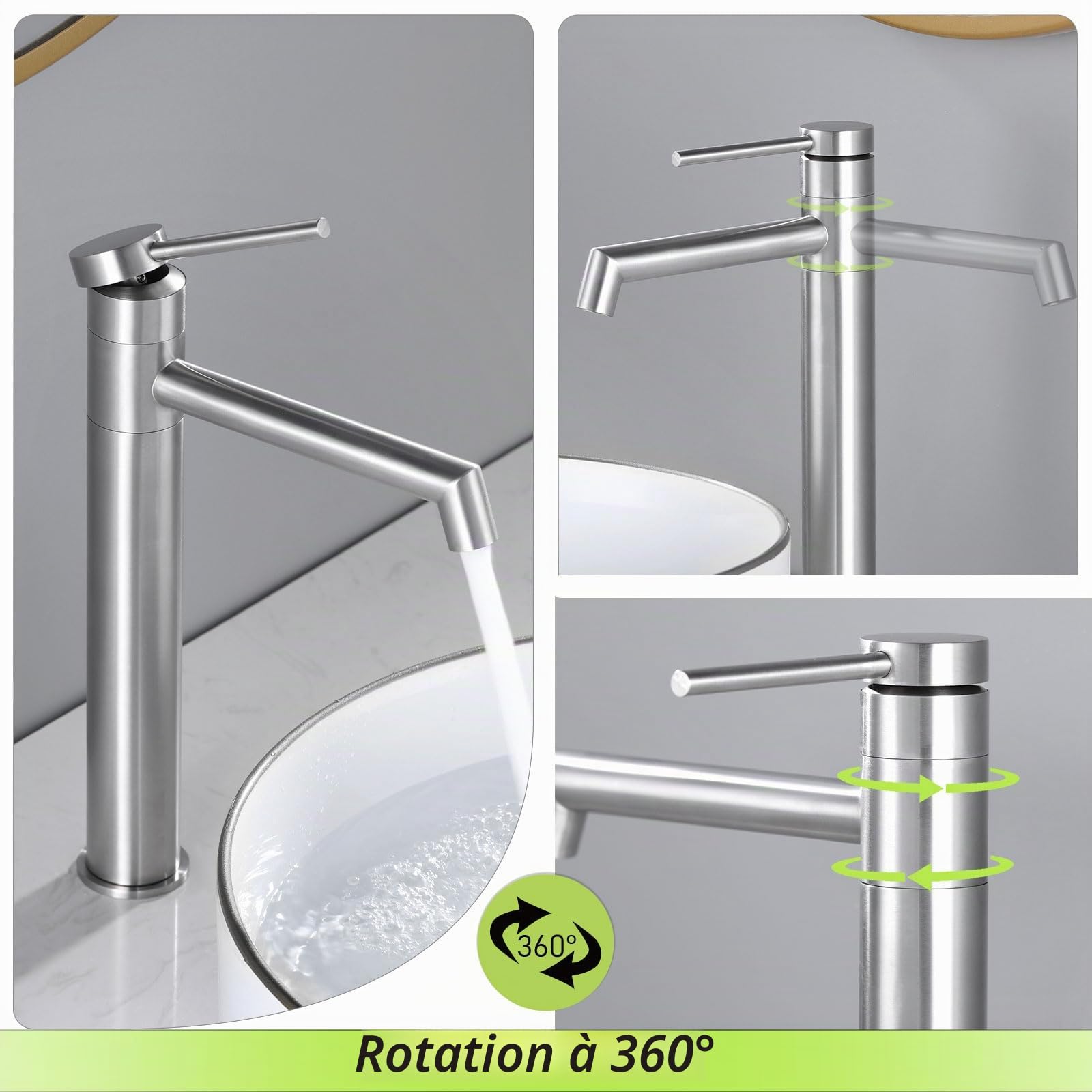 Robinet Lavabo Haut, Robinet Vasque Salle de Bain, Mitigeur Lavabo Rotatif 360°, Mitigeur pour Vasque, Brossé, 7M2OK-T