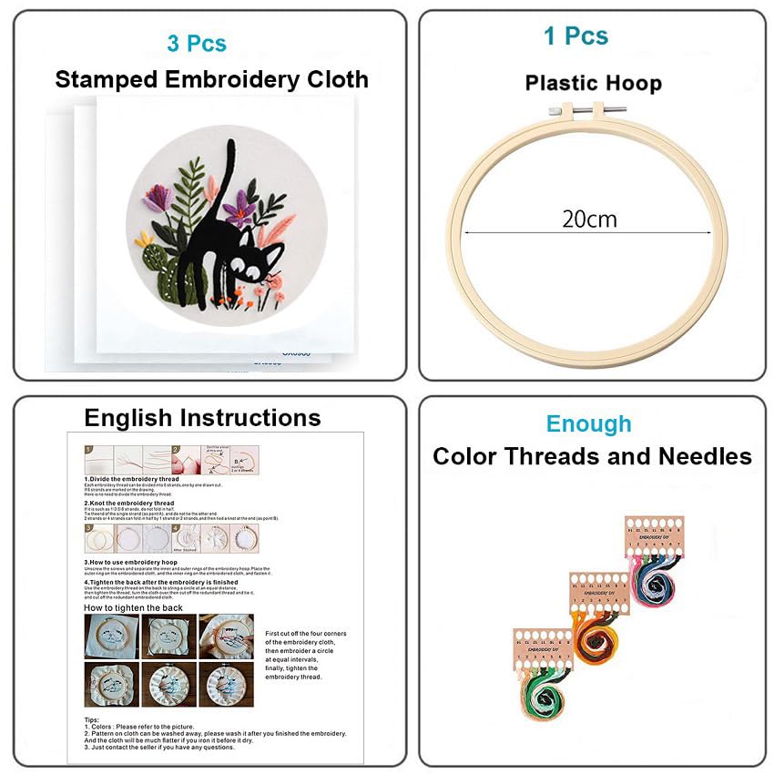 Image of Konrisa 3pcs Embroidery Kits for Beginners Creative Black Cat and Flower Pattern Cross Stitch Practice Kit DIY Sewing Needlepoint, Include 1pcs Hoop