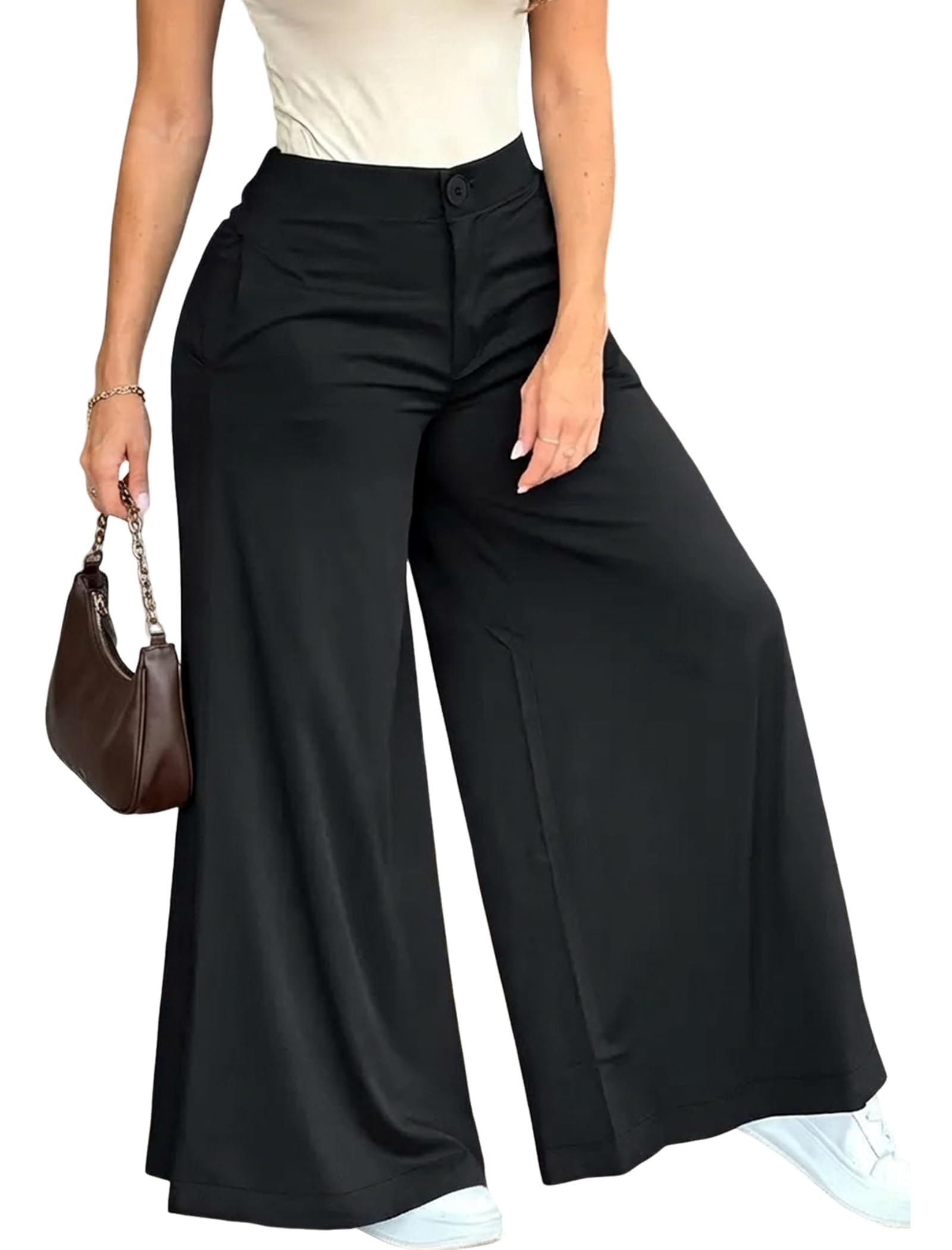 ZAFUL Womens Casual Wide Leg Pants Solid Color Loose Fit Trousers Lightweight Long Baggy Office Style with Side
