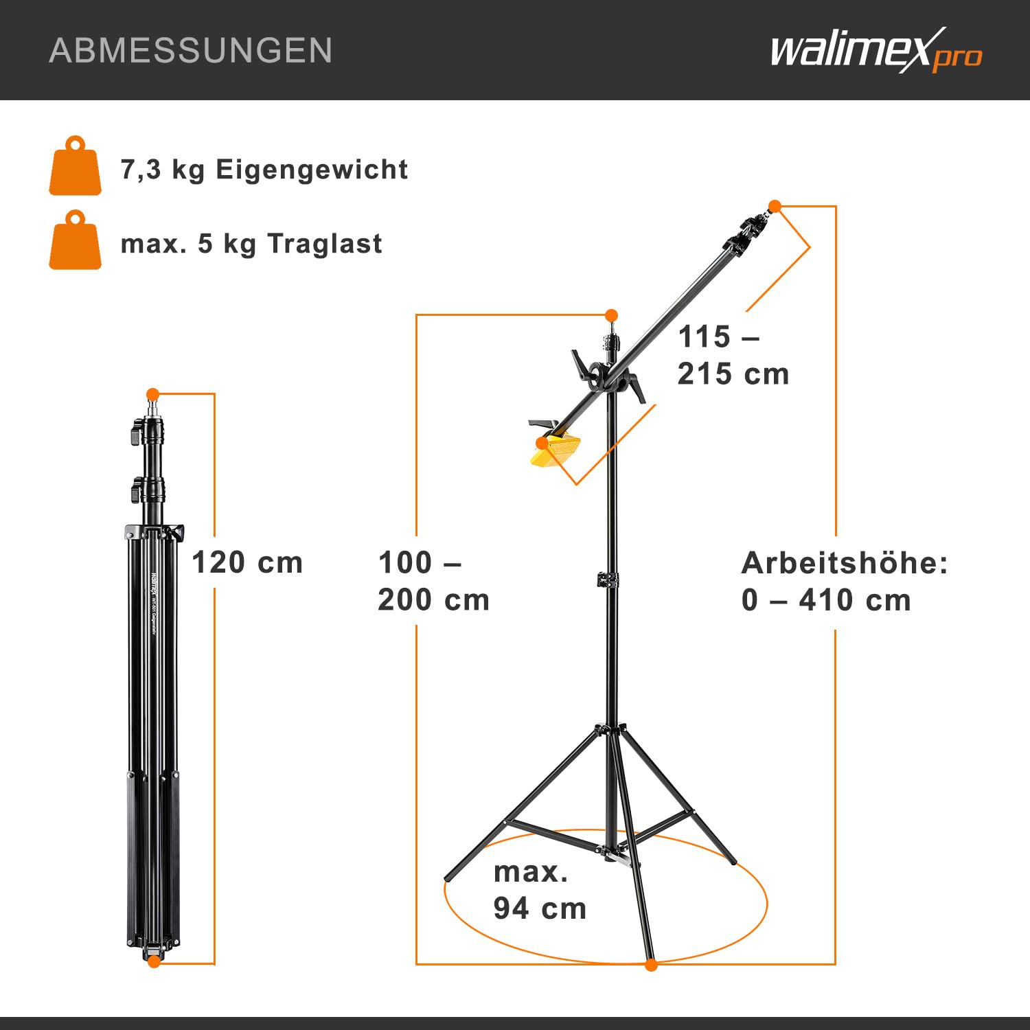 Walimex pro WT-501 Galgenstativ, verstellbares Lichtstativ mit 215 cm Haltearm, 4,4 kg Gegengewicht, 1/4 Zoll Gewinde für Softbox, Studiolicht, Reflektor, Blitz, ideal für Produktaufnahmen