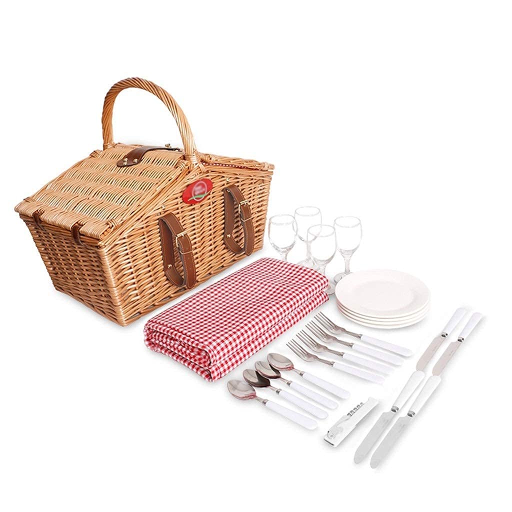 BERTY·PUYI Juego De Cesta De Picnic para 4 Personas, Hecho A Mano, Grande, De Mimbre, con Cubiertos Y Manta De Picnic Impermeable para Acampar Al Aire Libre