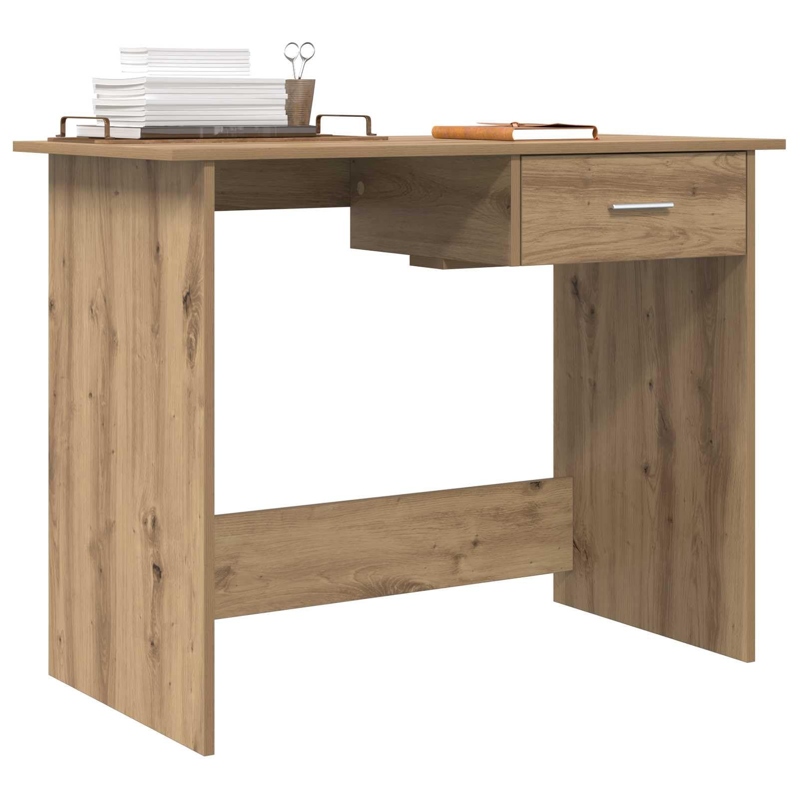 Biurko z drewna dębowego Artisan 100 x 50 x 76 cm z szufladą do przechowywania i półką, idealne do domu, biura, nauki, laptopa, komputera, gier i pokoju młodzieżowego