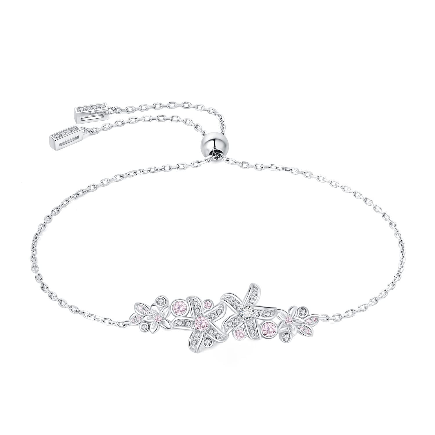 JewelryPalace Flores de Racimo Ajustable Pulsera Mujer Plata, Pulsera Niña Exquisita Vintage Circonita Rosa y Blanca, Brazalete Mujer Plata de Ley 925 Joyas de Mujer con Piedras, Conjunto Joyas Mujer