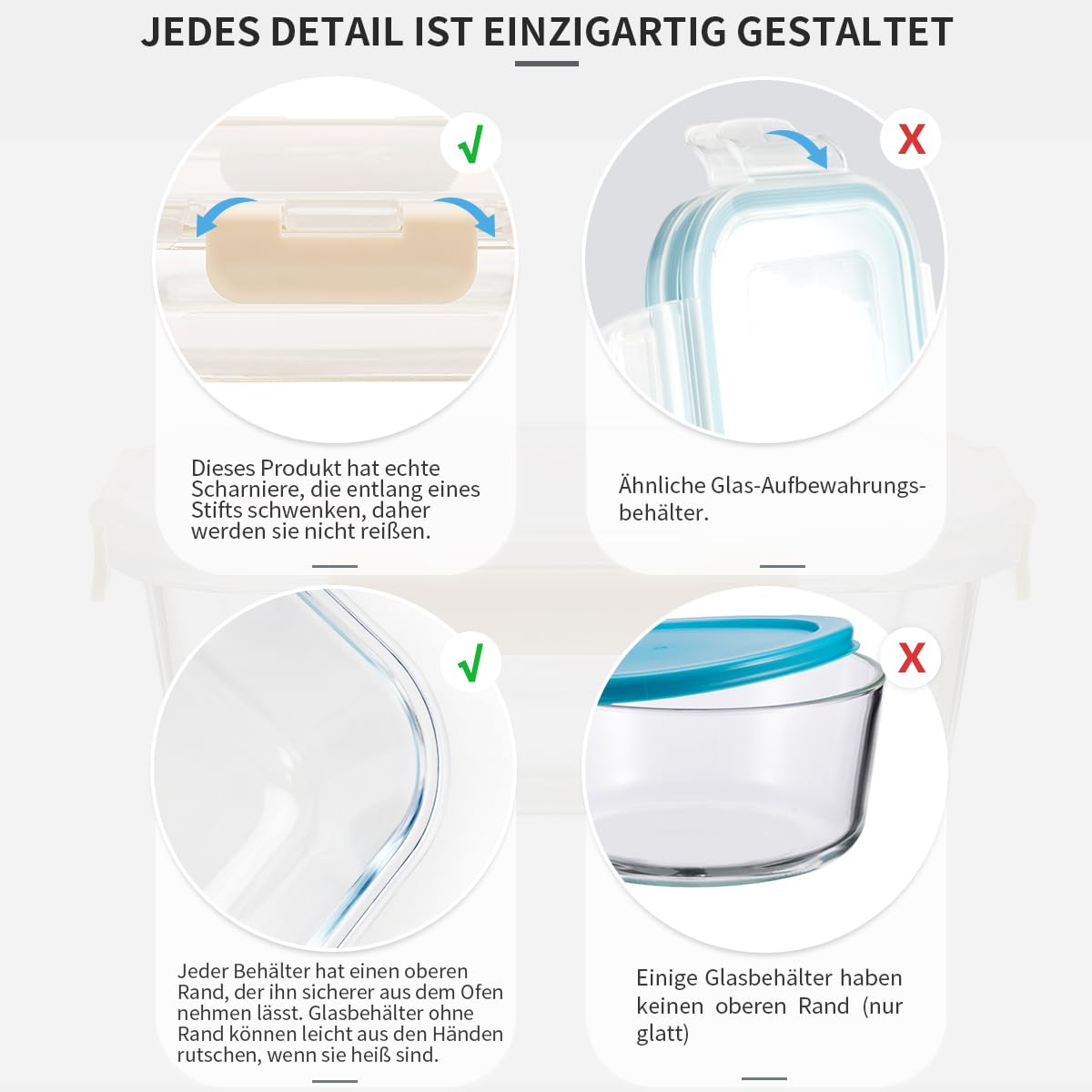 Fenger Juego de Recipientes de Cristal para Almacenaje, Frascos de Vidrio con Tapa, Contenedores de Almacenamiento para Alimentos Frescos, Cocina y Restaurante, Tapas de Plástico Premium