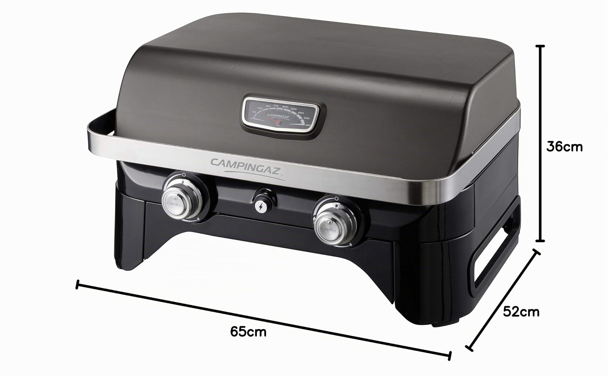 Campingaz Attitude 2100 LX, Griglia a Gas, da Tavolo Portatile, 2 Bruciatori in Acciaio, Potenza di 5 kW, per Campeggio con Coperchio, Termometro, Plancha in Ghisa, Grigio/Nero