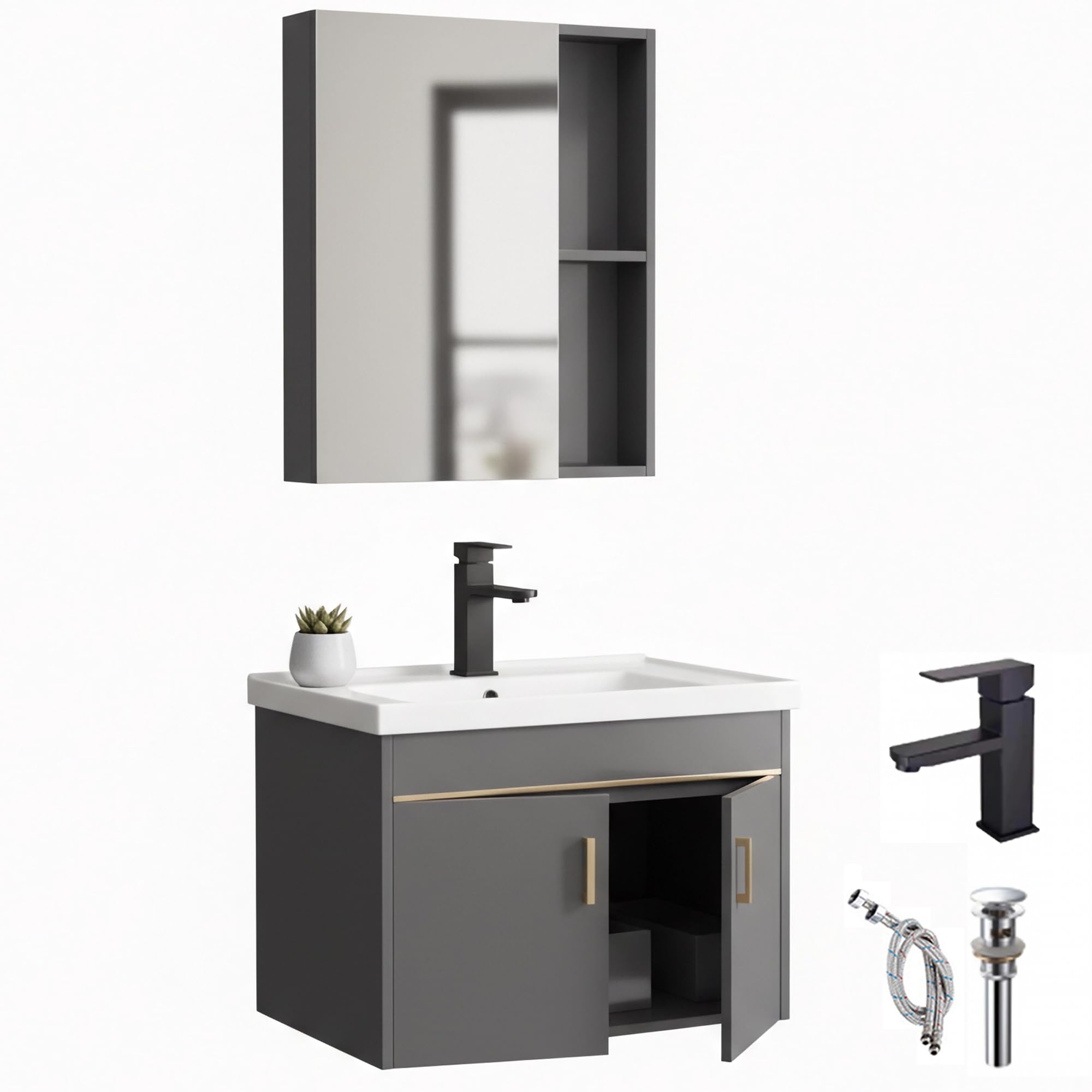 Set di mobili da bagno 60cm con lavabo e armadietto a specchio, mobiletto sottolavabo a parete in legno di pino, lavabo in ceramica con rubinetto e scarico, set di mobili da bagno per bagno (grigio