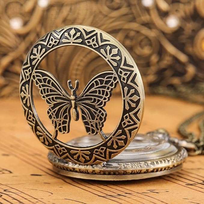 Image of AUGEN Premium Pocket Watch Metal Keychain Butterfly 4 Retro Vintage for Gifting With Key Ring Anti-Rust (Pack Of 1)