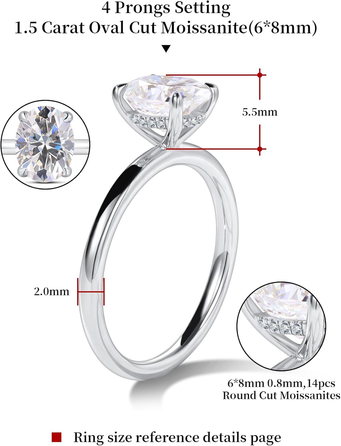 getlove 1.5/2/3CT Oval Cut Moissanite Engagement Ring 18K White Gold Plated 925 Sterling Silver D-Color VVS1 Solitaire with Hidden Halo Wedding Ring for Her Promise Ring for Women - Image 2
