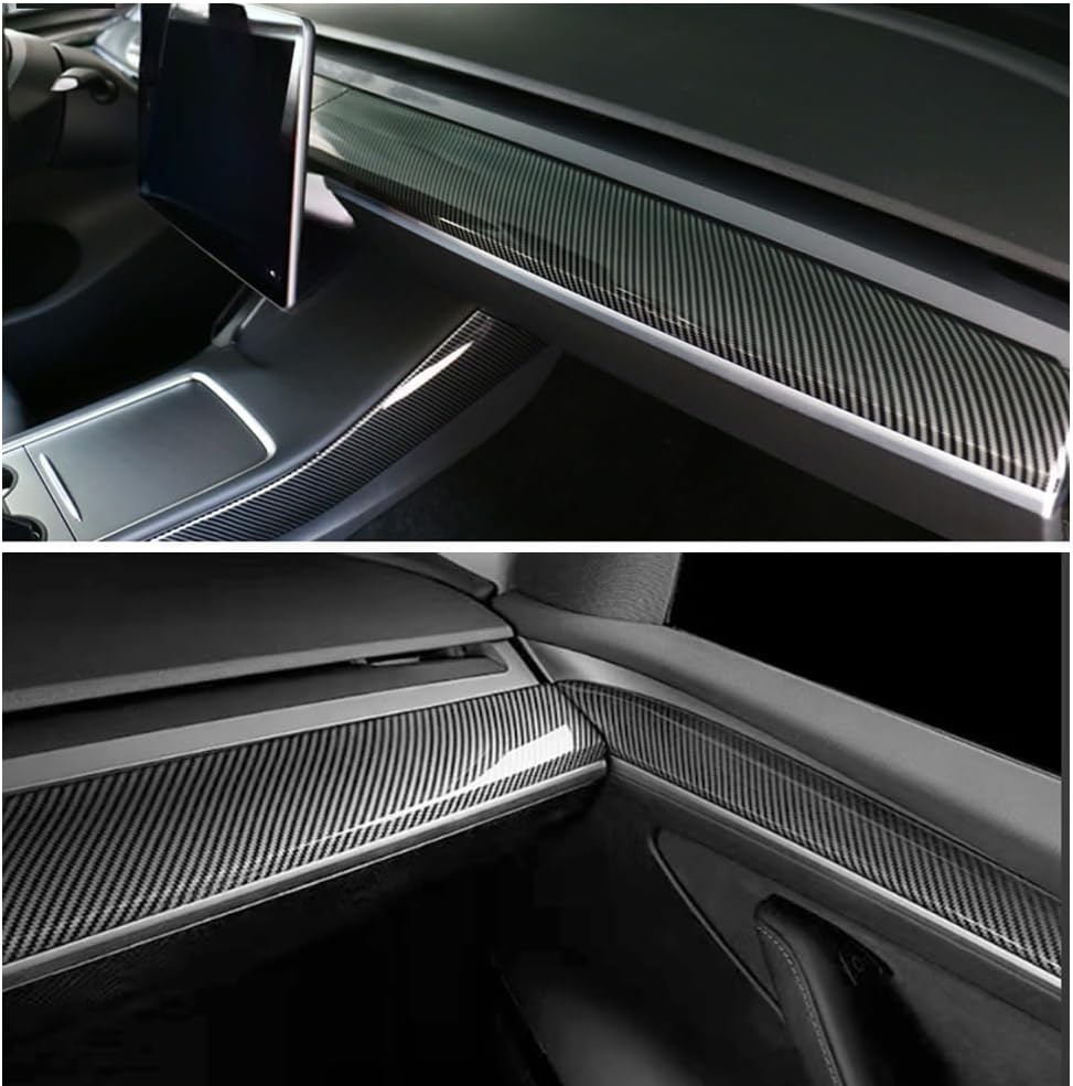 Dashboard Cover Wrap and Front Door Trim Kit -Compatible with Tesla Model Y 2019-2024 & Model 3 2021-2023, Interior Decoration Accessories,Not for Performance (Gloss Carbon Fiber Pattern, 4PCS)