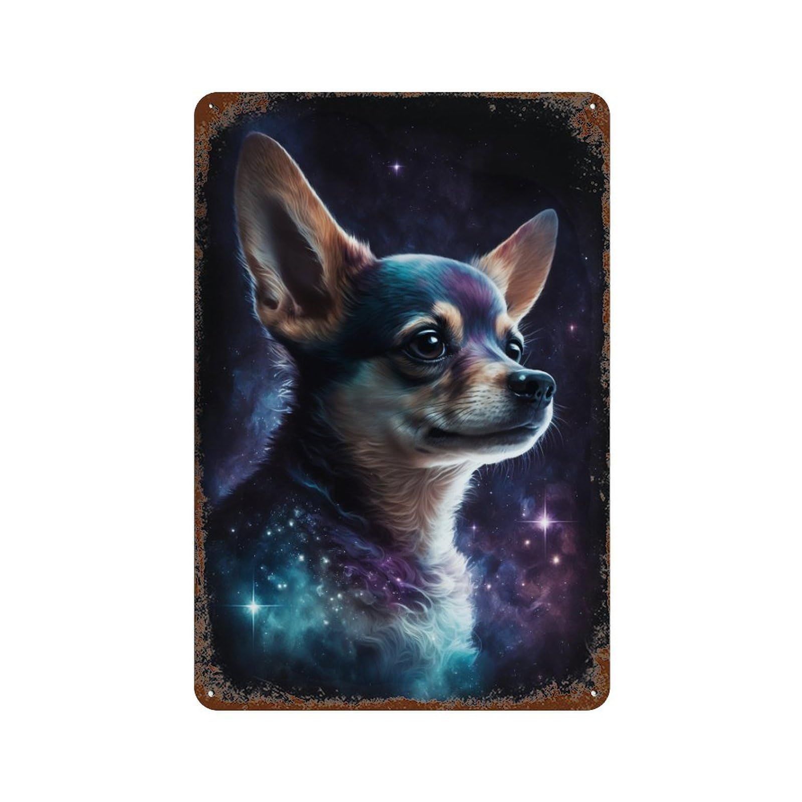 Rust Effect Galactic Chihuahua Art Print -1 Vintage Rust Metal Sign 11.8"x7.9", Old School Wall Decor for Basement, Hobby Room And Garage Decor
