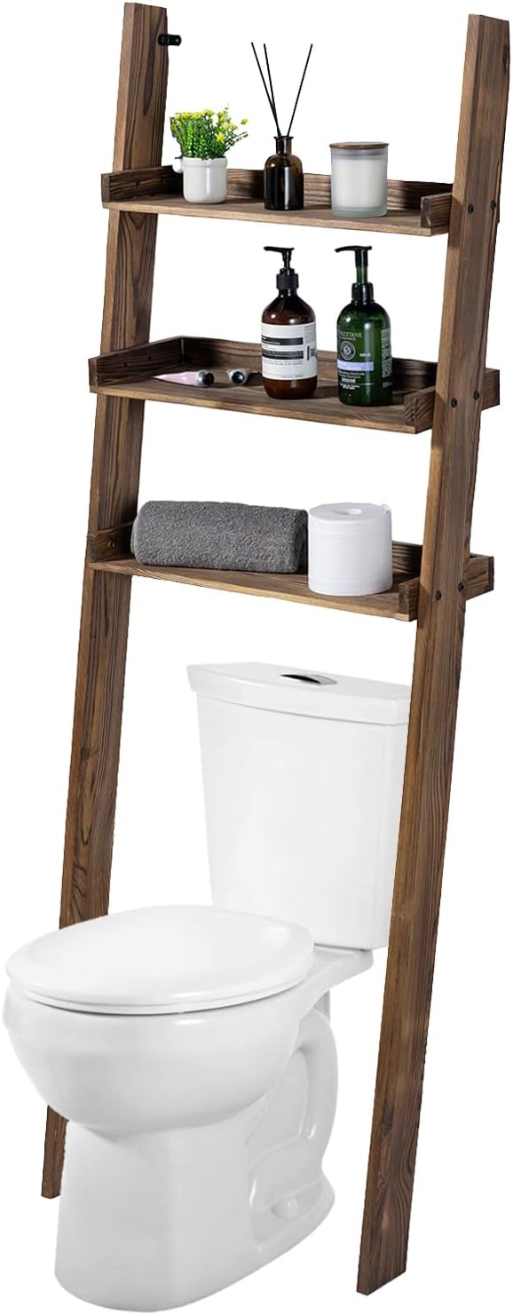 5.5 Foot Tall Rustic Burnt Solid Wood Over The Toilet Decorative Ladder Standing Shelf, 3 Tier Bathroom Organizer Leaning Storage Shelves Rack Stand